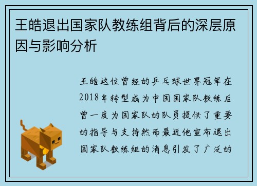 王皓退出国家队教练组背后的深层原因与影响分析